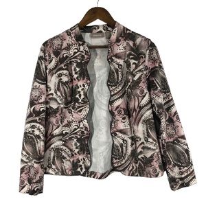 Chico’s Pink & Tan Floral Paisley Blazer with Scalloped Open Front Size M/8